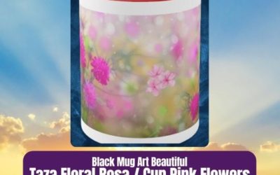 Taza Decorada Estampado Floral Rosa, Black Mug 11oz, Art Pink Flowers.