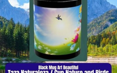 Taza Decorada Naturaleza y Pájaros Black Mug 11oz, Black Mug 15oz, Art Nature and Birds.