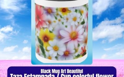 Taza Decorada Estampado de Flores Colores, Black Mug 11oz, Art Colorful Flower Print.