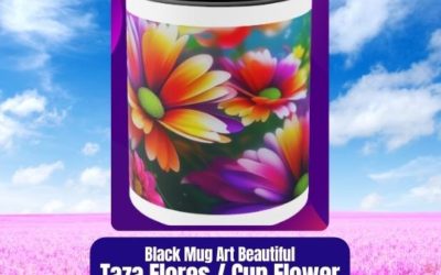 Taza Decorada Estampado de Flores, Black Mug 11oz, Art Floral Pattern.